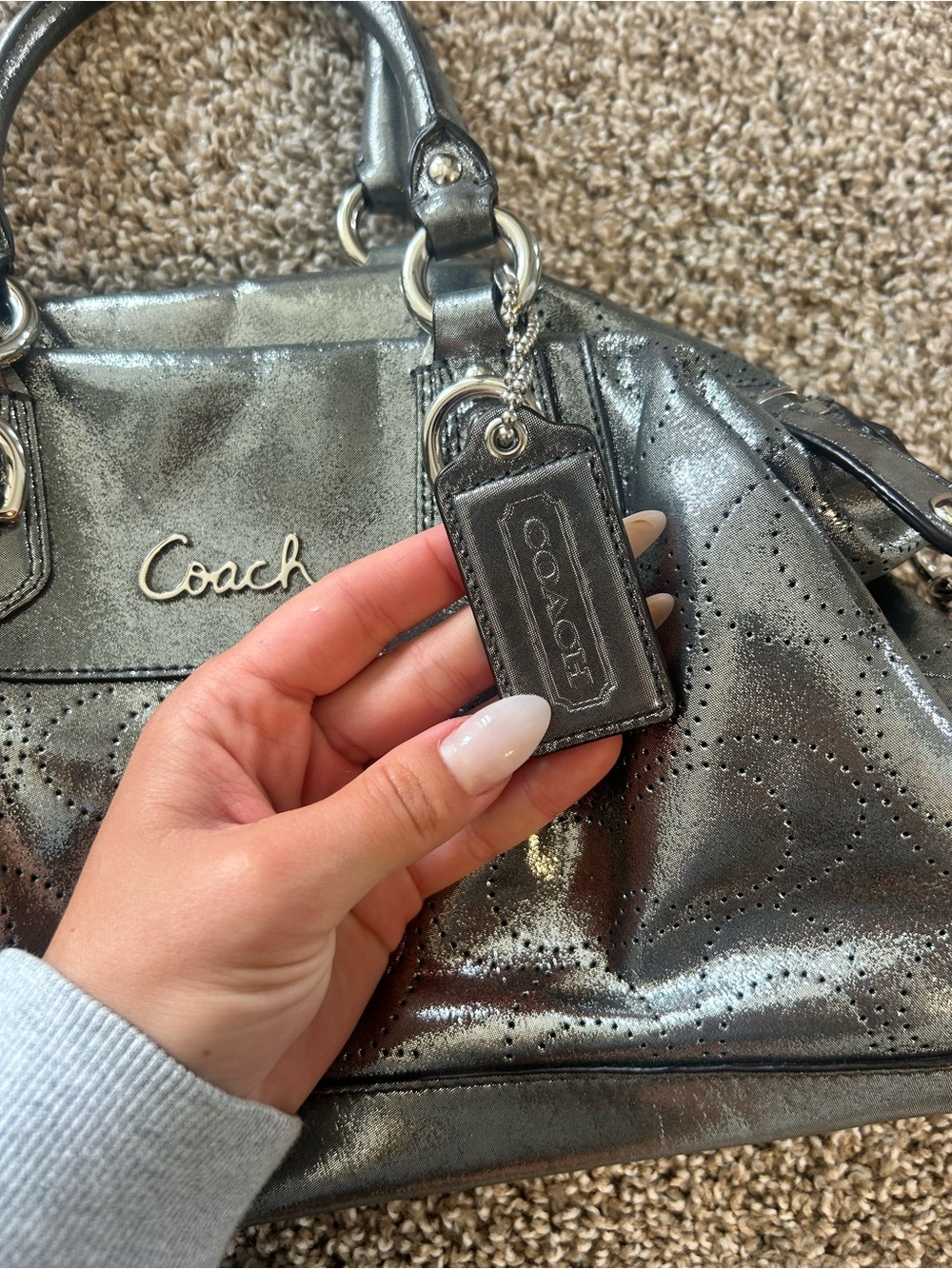 Coach Metallic Gunmetal Perforated Leather Satchel